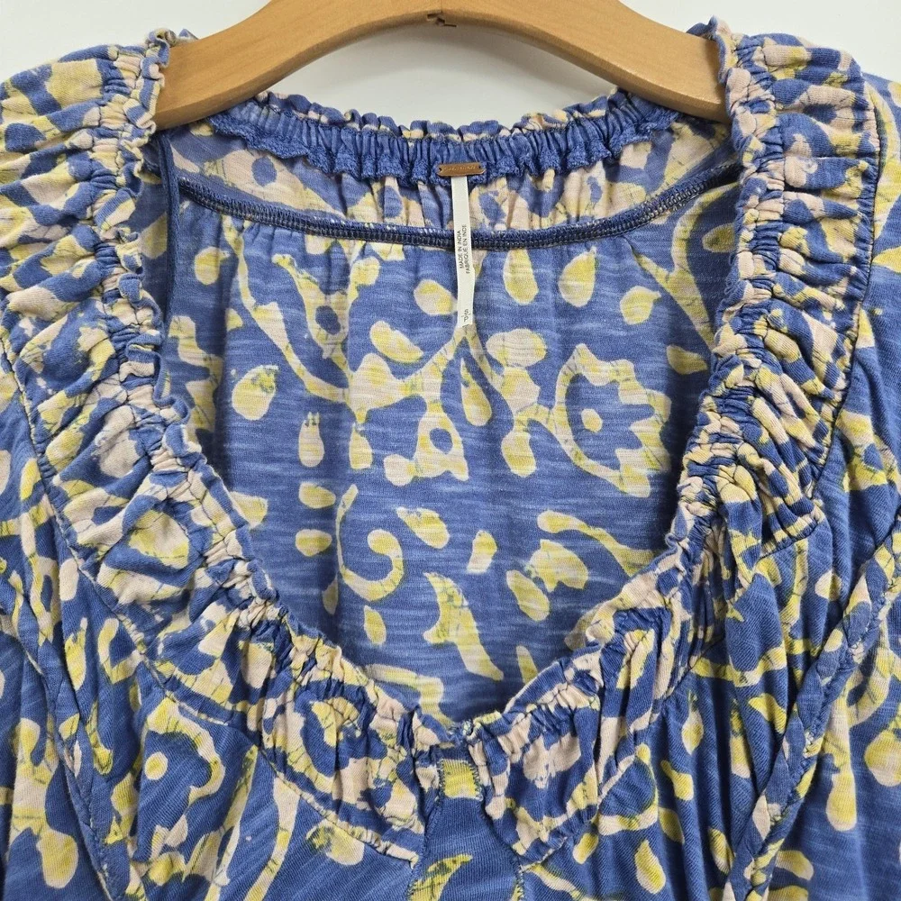 Free People Top On The Block Small Blue Cotton Batik Print Smocked Wide‎ Sleeve